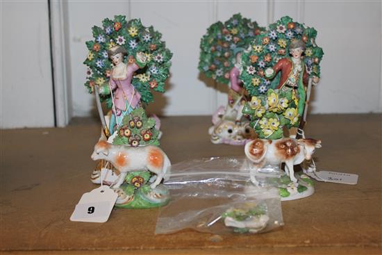 A collection of six Continental Chelsea style porcelain figures, 19th century, largest 17.5cm, smallest 10cm